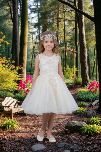 Girls Short Pageant & Party Dress – Blush, White, Champagne