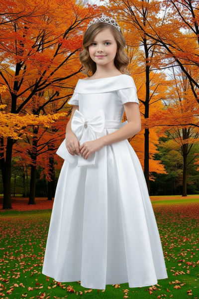 Girls Satin Off-Shoulder Dress | Flower Girl, Communion & Party