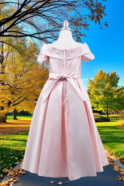 Blush Satin Off-Shoulder Dress | Flower Girl & Communion