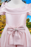 Blush Satin Off-Shoulder Dress | Flower Girl & Communion