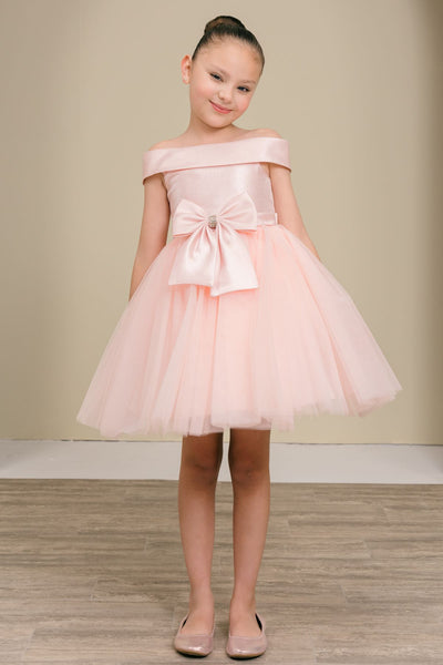 Girls Off Shoulder Tulle Special Occasion Party Dress with Bow