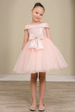Girls Off Shoulder Tulle Special Occasion Party Dress with Bow