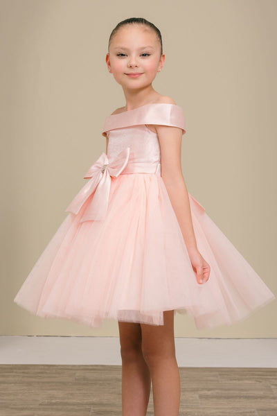 Girls Off Shoulder Tulle Special Occasion Party Dress with Bow