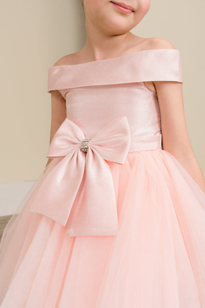 Girls Off Shoulder Tulle Special Occasion Party Dress with Bow