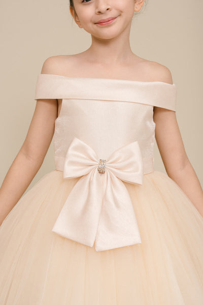 Girls Off Shoulder Tulle Special Occasion Party Dress with Bow