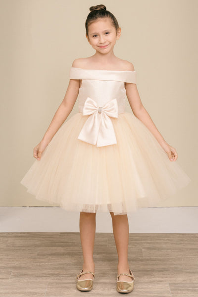Girls Off Shoulder Tulle Special Occasion Party Dress with Bow