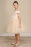 Girls Off Shoulder Tulle Special Occasion Party Dress with Bow