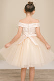 Girls Off Shoulder Tulle Special Occasion Party Dress with Bow