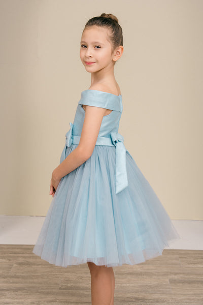 Girls Off Shoulder Tulle Special Occasion Party Dress with Bow