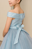 Girls Off Shoulder Tulle Special Occasion Party Dress with Bow