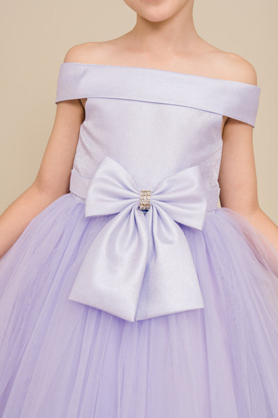 Girls Off Shoulder Tulle Special Occasion Party Dress with Bow