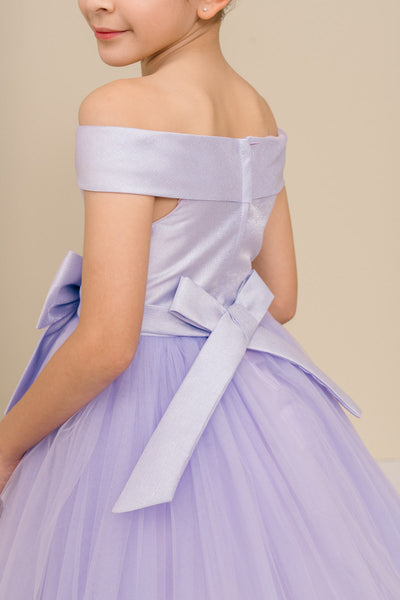 Girls Off Shoulder Tulle Special Occasion Party Dress with Bow
