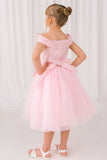 Girls Off Shoulder Tulle Special Occasion Party Dress with Bow