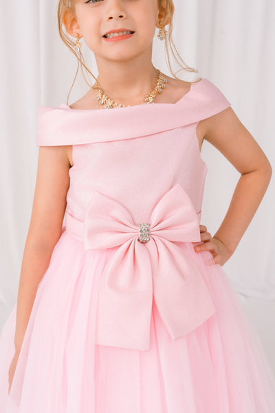 Girls Off Shoulder Tulle Special Occasion Party Dress with Bow