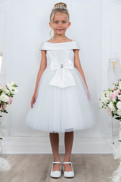Girls Off Shoulder Tulle Special Occasion Party Dress with Bow