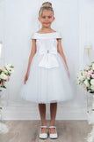 Girls Off Shoulder Tulle Special Occasion Party Dress with Bow