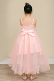 Blush Hi Low Flower Girl Dress with Lace Butterflies
