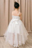 Blush Hi Low Flower Girl Dress with Lace Butterflies