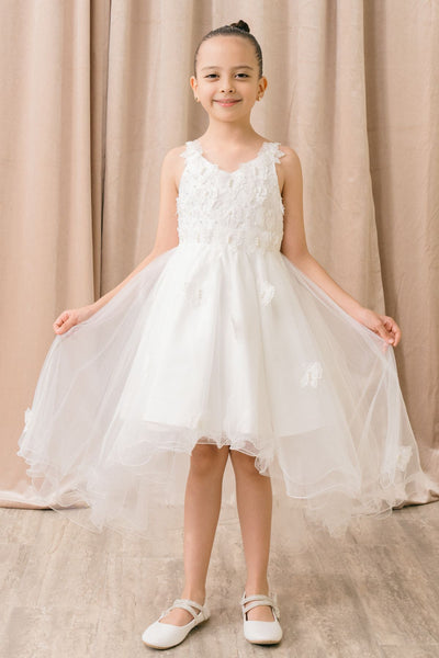 Blush Hi Low Flower Girl Dress with Lace Butterflies