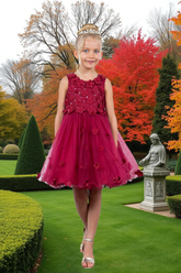 Burgundy Knee Length Flower Girl Dress | Pageant Gown