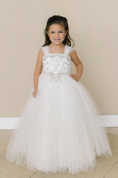Girls Beaded Tulle Dress | Amalee Ivory Flower Girl Communion Dress