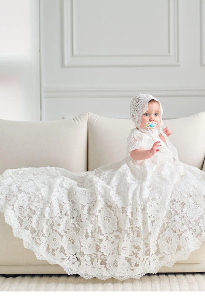Girls Couture White all over Lace Christening Gown with Bonnet