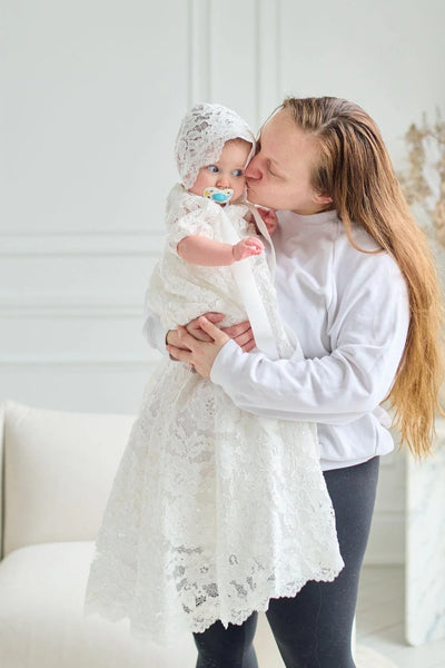 Girls Couture Baptism Lace Gown with Bonnet