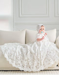 Girls Couture White all over Lace Christening Gown with Bonnet