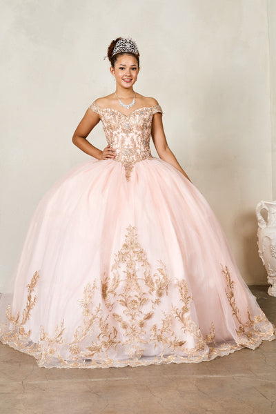 Arabella Royale Quinceañera Dress – Gold Embroidery Ball Gown