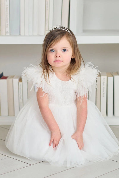 Elowen Feather Sleeve Baby Dress – White Tulle Dress for Christening & Special Occasion