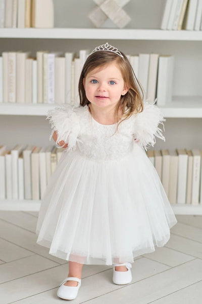 Elowen Feather Sleeve Baby Dress – White Tulle Dress for Christening & Special Occasion