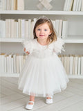 Elowen Feather Sleeve Baby Dress – White Tulle Dress for Christening & Special Occasion