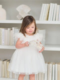 Elowen Feather Sleeve Baby Dress – White Tulle Dress for Christening & Special Occasion