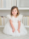 Elowen Feather Sleeve Baby Dress – White Tulle Dress for Christening & Special Occasion