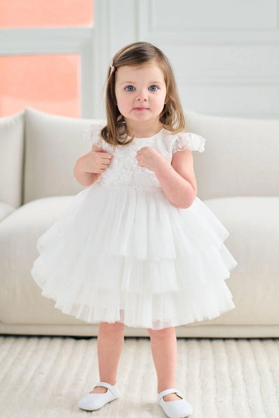 Baby Christening Tulle and Lace Dress with Cap Sleeves