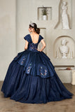 Soraya Midnight Navy Quinceañera Gown – Off-Shoulder Glitter Ballgown