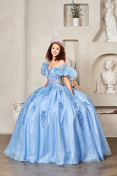 Evelisse Meadow Lime Quinceañera Gown – Puff Sleeves & Floral Embroidery