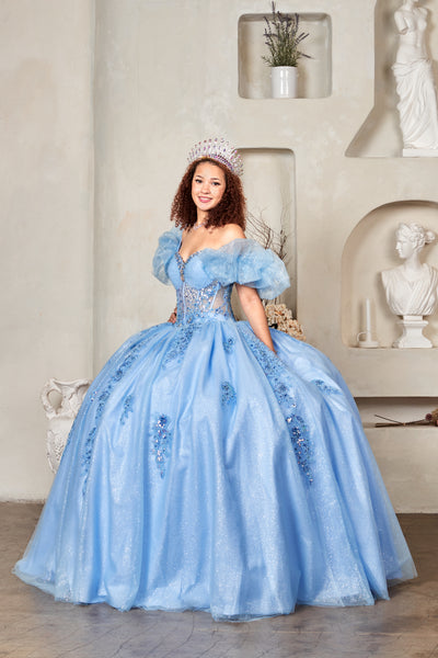Evelisse Meadow Lime Quinceañera Gown – Puff Sleeves & Floral Embroidery