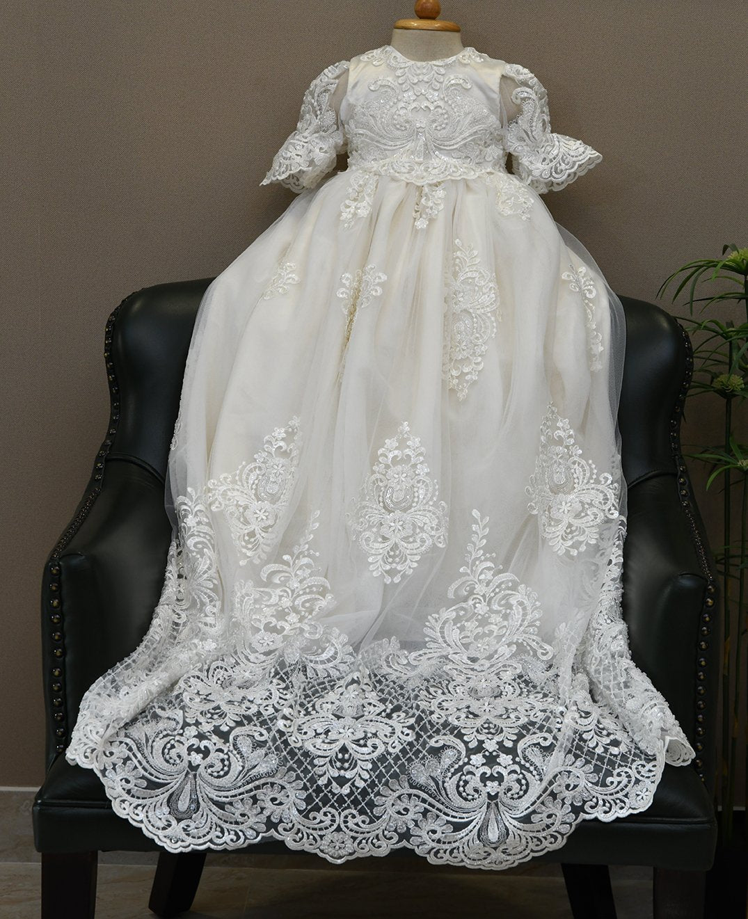 Luxurious Beaded Lace Baptism Christening Gown For Baby
