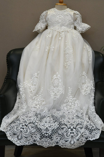 Luxurious Beaded Lace Baptism Christening Gown For Baby