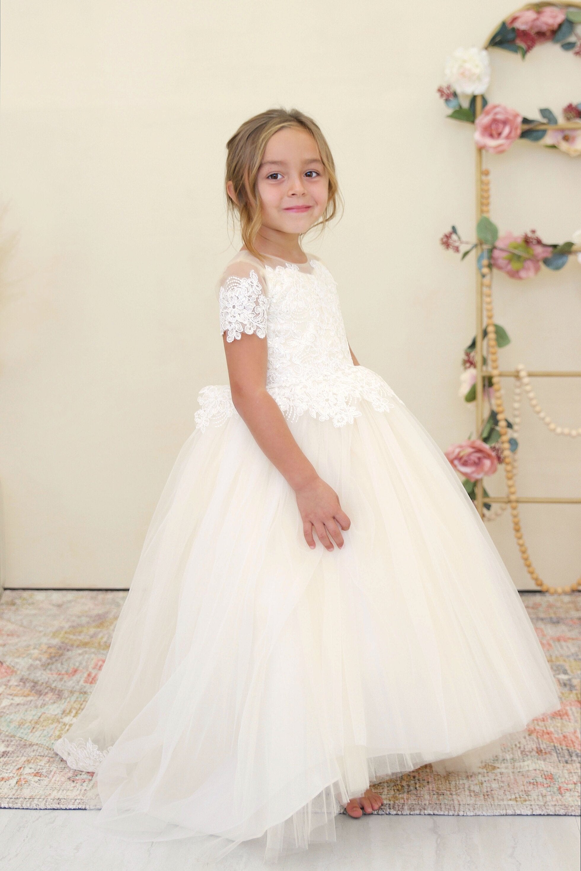 Amalee Couture Floor Length Flower Girl Communion Tulle Dress With Train