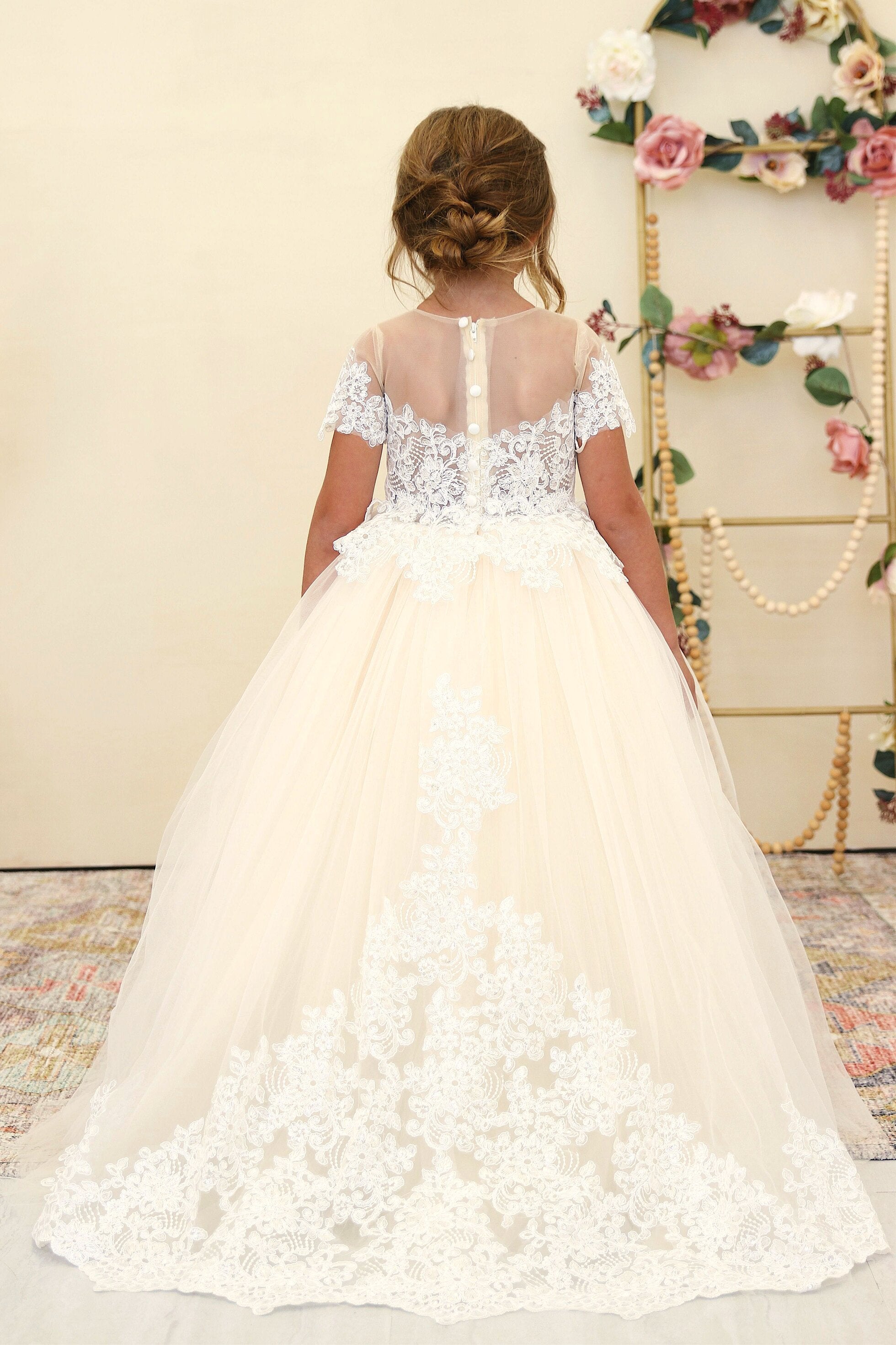 Amalee Couture Floor Length Flower Girl Communion Tulle Dress With Train