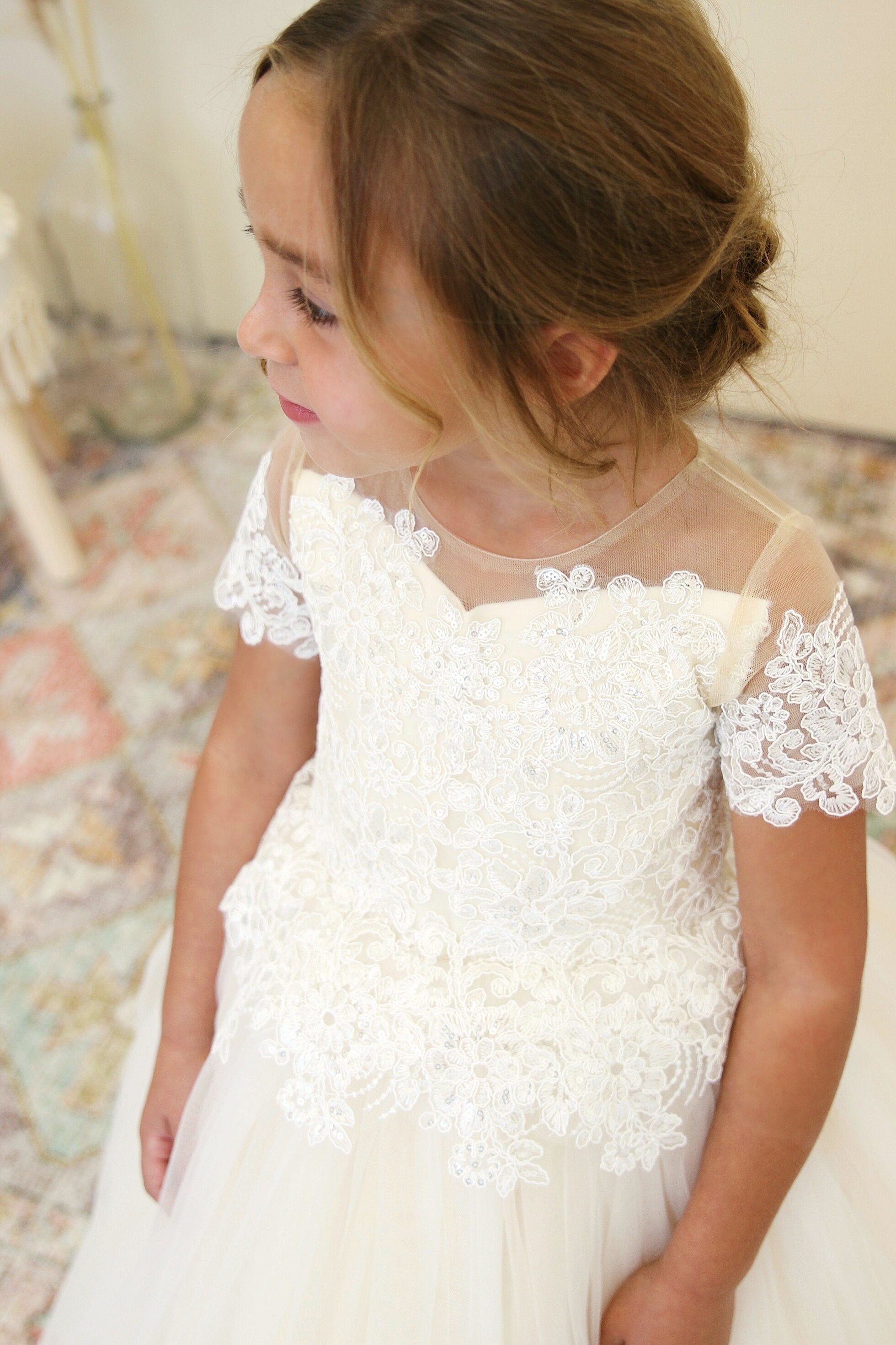 Amalee Couture Floor Length Flower Girl Communion Tulle Dress With Train