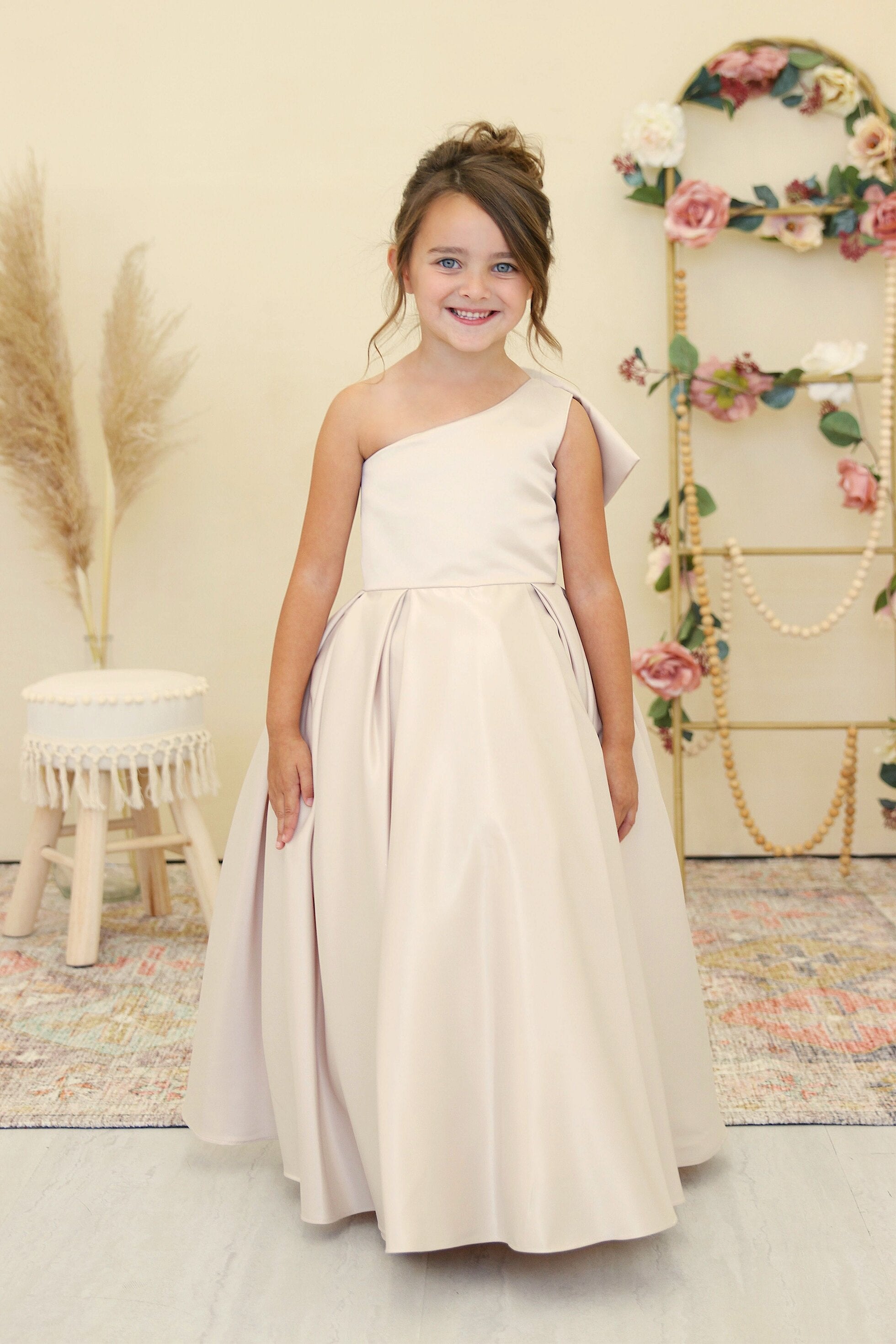 Amalee Couture Girls Satin One Shoulder Special Occasion Party Dress