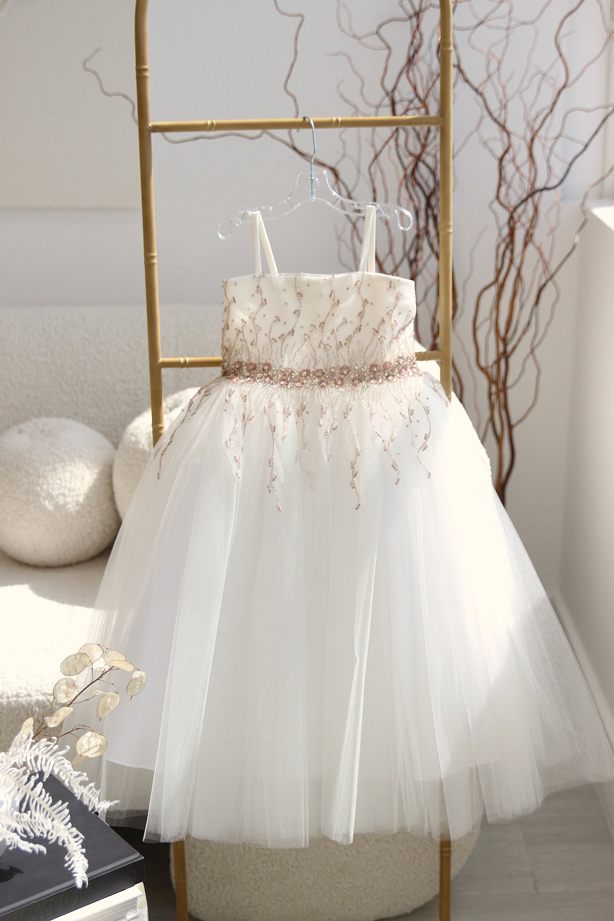 Amalee Couture Girls Crystal Beaded Tulle Flower Girl Party Dress