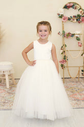 Amalee Couture Girls Satin Tulle With Pearls Wedding Flower Girl Dress