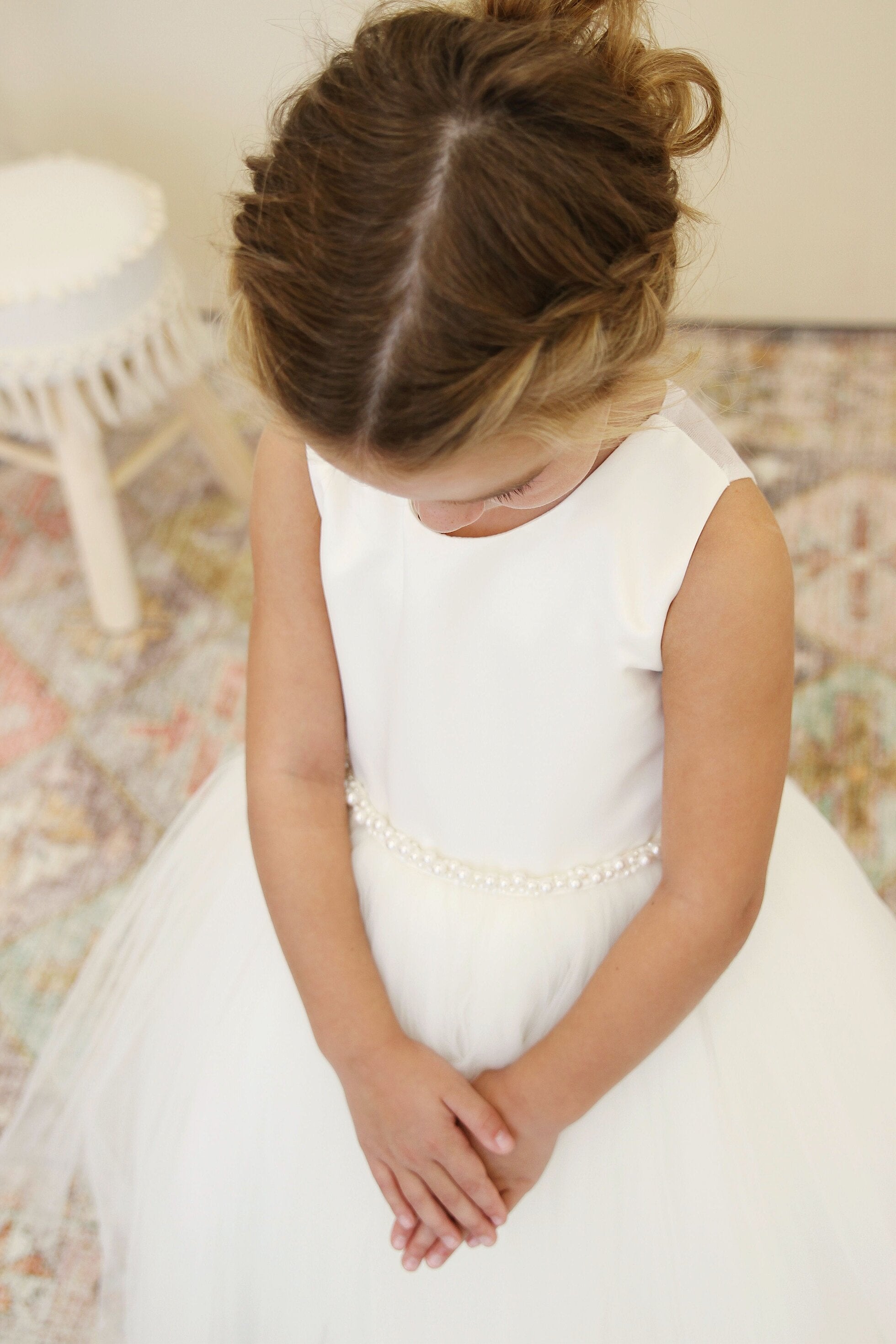 Amalee Couture Girls Satin Tulle With Pearls Wedding Flower Girl Dress