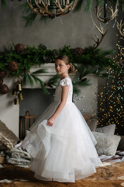 Felecia White Layered Lace Gown – Communion & Flower Girl Dress