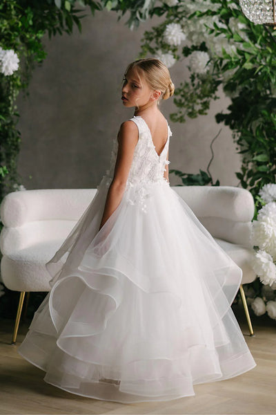 Isla White Lace Tiered Gown – Communion & Flower Girl Dress
