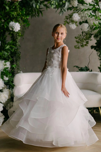 Isla White Lace Tiered Gown – Communion & Flower Girl Dress